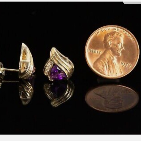 10k gold trillion amethyst and diamond earrings - Picture 2 of 6